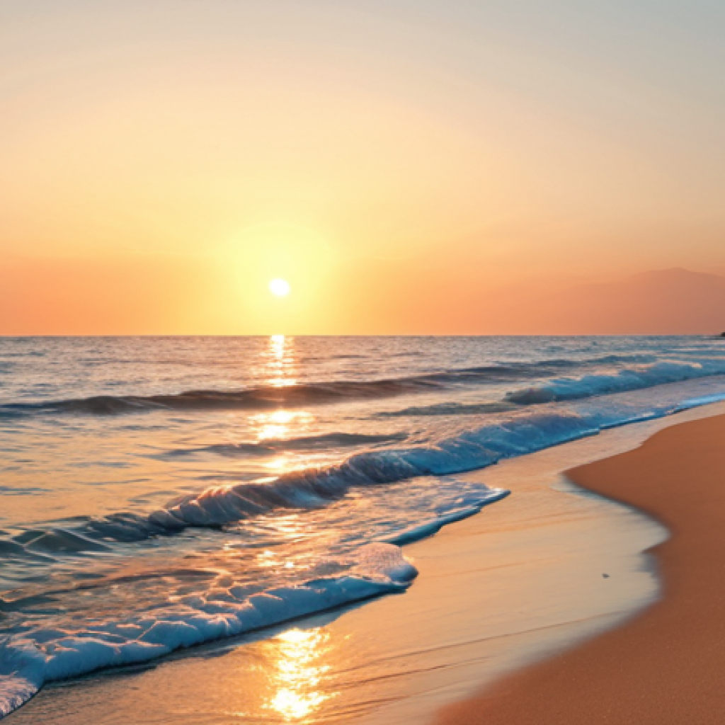 **A serene beach at sunset.** Golden light reflecting on calm water, creating a safe haven for inner peace. Soft colors, gentle waves, and a sense of tranquility.