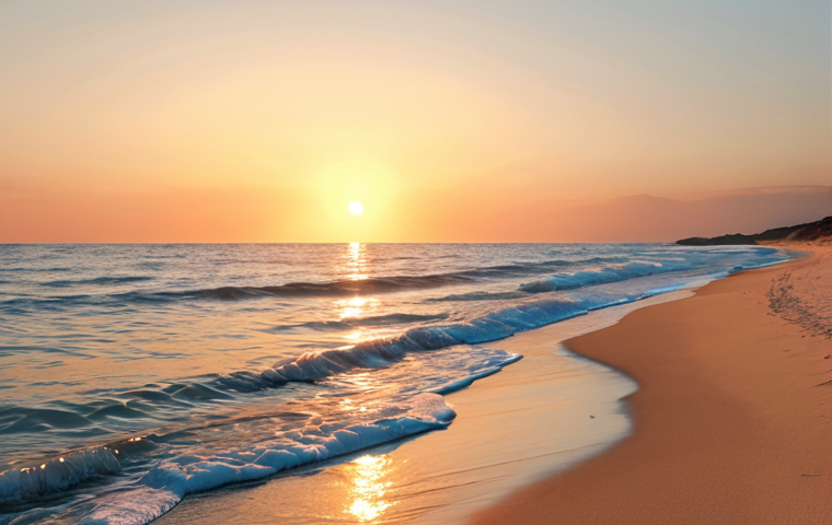 **A serene beach at sunset.** Golden light reflecting on calm water, creating a safe haven for inner peace. Soft colors, gentle waves, and a sense of tranquility.