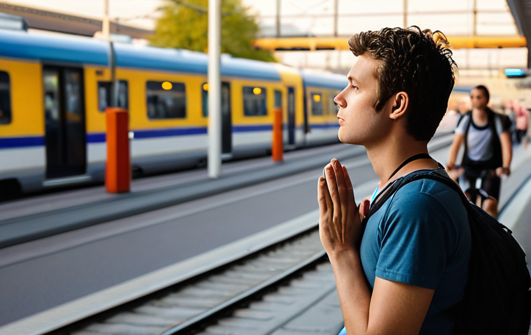 **Prompt 1: Calm amidst Chaos**
A person, embodying a sense of serene calmness, is depicted subtly meditating or taking a deep, conscious breath with one hand resting on their chest and the other on their stomach. They stand in the foreground against a backdrop of a bustling, slightly blurred Dutch urban environment. Iconic elements such as heavy traffic on the A10 ring road, a crowded train station, or fast-moving cyclists are visible in the background, symbolizing the rapid pace of modern Dutch society. The overall mood is one of finding inner peace and control despite external pressures, with warm, soft lighting accentuating the individual's tranquil state.