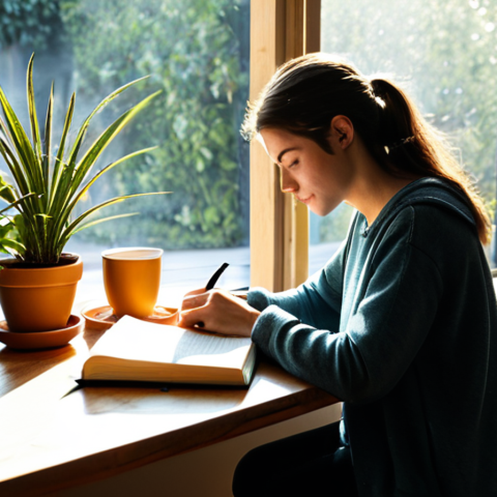 **

"A cozy scene of a person journaling in a sunlit room, surrounded by plants and soft lighting. The journal is open, and a warm cup of tea sits nearby. The person is wearing comfortable, casual clothing. Emphasize feelings of peace, reflection, and introspection. safe for work, appropriate content, fully clothed, modest, professional, perfect anatomy, natural proportions, high quality."

**