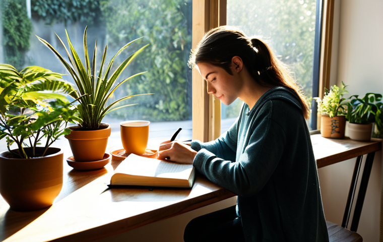 **

"A cozy scene of a person journaling in a sunlit room, surrounded by plants and soft lighting. The journal is open, and a warm cup of tea sits nearby. The person is wearing comfortable, casual clothing. Emphasize feelings of peace, reflection, and introspection. safe for work, appropriate content, fully clothed, modest, professional, perfect anatomy, natural proportions, high quality."

**