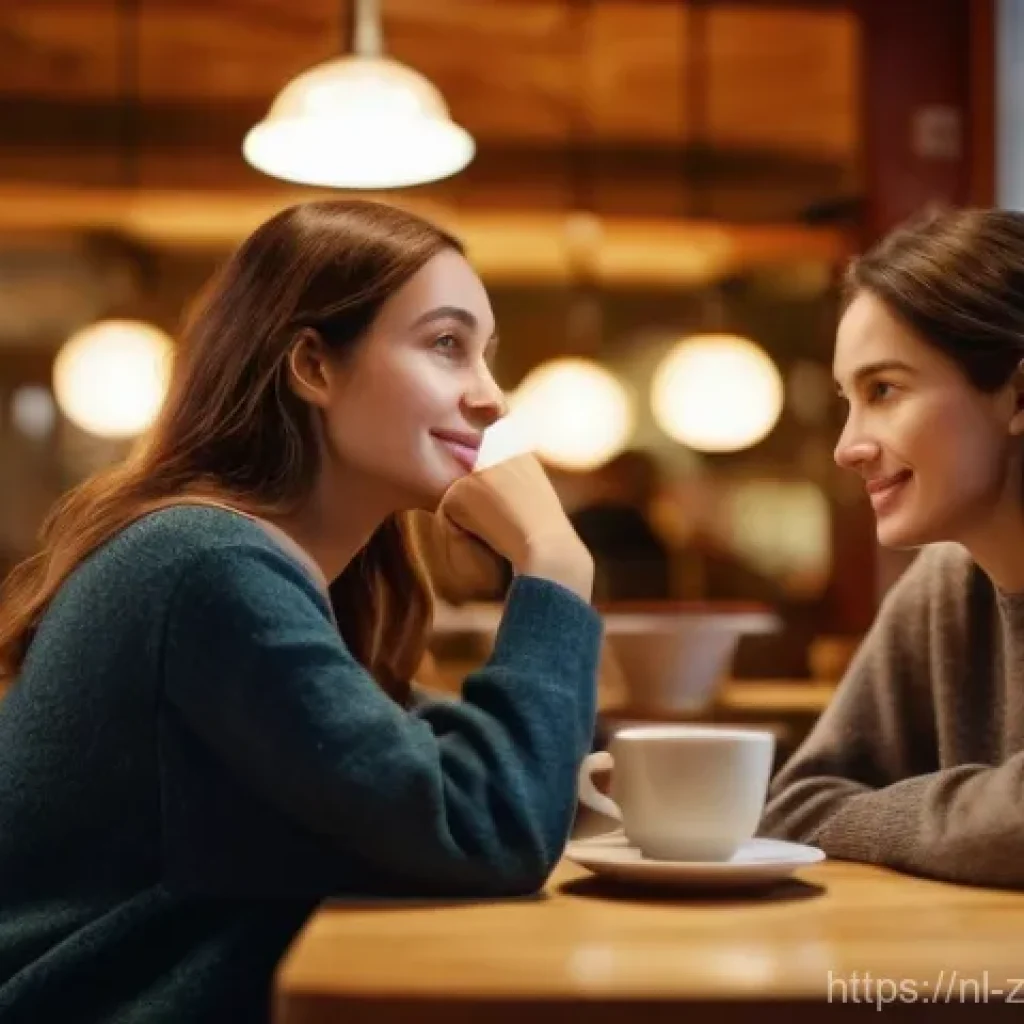 주변 사람들과의 소통으로 심신 회복하기 - **Prompt:** A cozy, warmly lit café interior. Two women, in their late 20s to early 30s, are seated ...