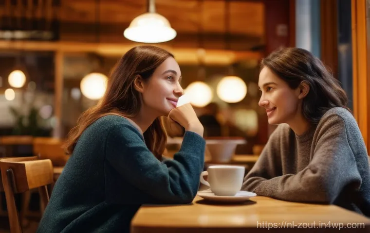 주변 사람들과의 소통으로 심신 회복하기 - **Prompt:** A cozy, warmly lit café interior. Two women, in their late 20s to early 30s, are seated ...