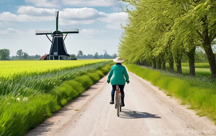 주말을 활용한 심신 리프레시 팁 - **Dutch Polder Cycling Serenity:**
"A vibrant, wide-angle image capturing a person enjoying a le...