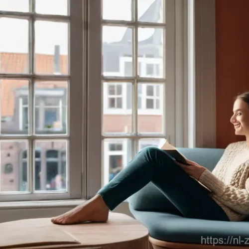 자기 수용의 중요성과 회복력 - **Prompt:** A tranquil and cozy Dutch living room with large windows overlooking a charming canal in...