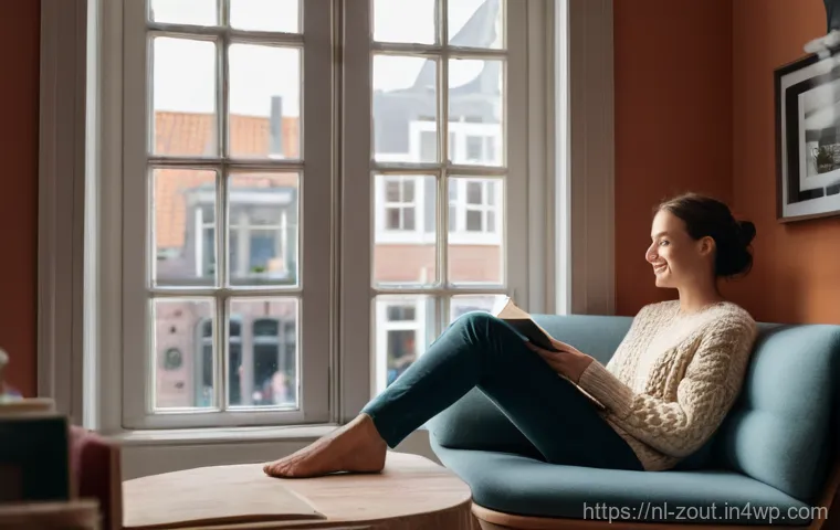 자기 수용의 중요성과 회복력 - **Prompt:** A tranquil and cozy Dutch living room with large windows overlooking a charming canal in...