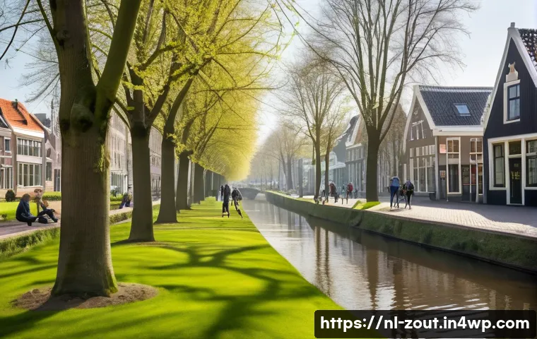 회복력을 위한 재충전 시간의 중요성 - A serene urban park scene in the Netherlands during early spring, featuring a diverse group of adult...