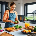 신체 회복을 위한 적절한 식사 계획 - A vibrant and detailed kitchen scene in a modern Dutch home, featuring a diverse spread of nutritiou...