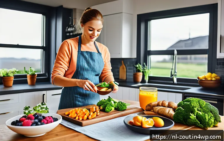 신체 회복을 위한 적절한 식사 계획 - A vibrant and detailed kitchen scene in a modern Dutch home, featuring a diverse spread of nutritiou...