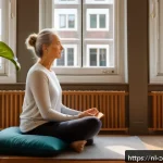 상처의 치유를 위한 긍정적 사고 연습 - A serene indoor scene depicting a middle-aged Dutch woman practicing mindfulness breathing exercises...