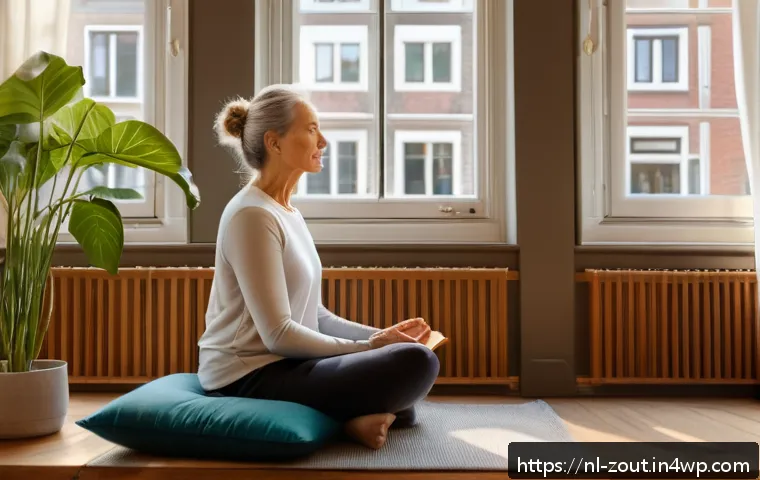 상처의 치유를 위한 긍정적 사고 연습 - A serene indoor scene depicting a middle-aged Dutch woman practicing mindfulness breathing exercises...