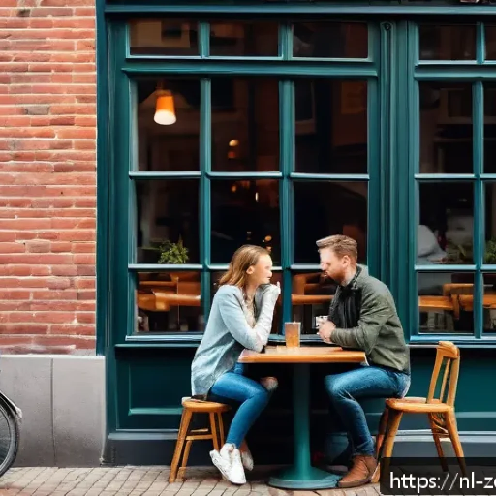 회복력을 위한 긍정적 인간관계 형성하기 - A warm, cozy café scene in Amsterdam with two Dutch adults sitting at a small wooden table by the wi...