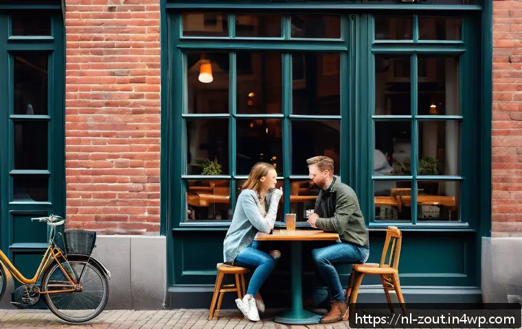 회복력을 위한 긍정적 인간관계 형성하기 - A warm, cozy café scene in Amsterdam with two Dutch adults sitting at a small wooden table by the wi...