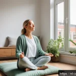 감정 조절 연습으로 심신 안정 찾기 - A serene Dutch woman practicing mindful breathing exercises in a cozy Amsterdam apartment with large...