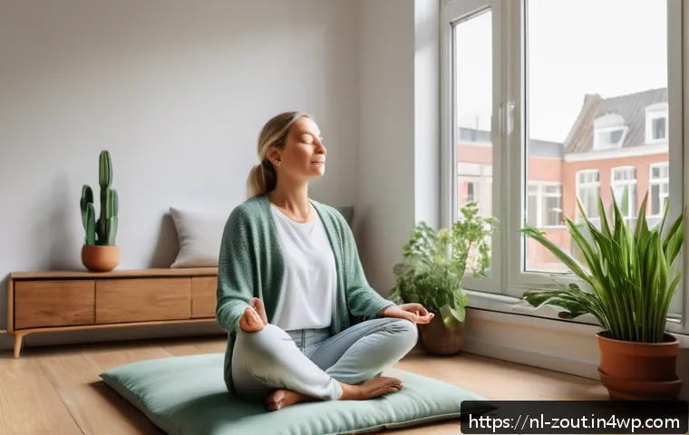 감정 조절 연습으로 심신 안정 찾기 - A serene Dutch woman practicing mindful breathing exercises in a cozy Amsterdam apartment with large...