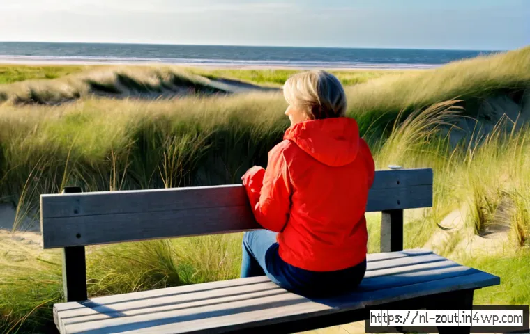 Home 17 주변 환경이 심신 회복에 미치는 영향 - Photorealistic peaceful Dutch coastal dune landscape near the North Sea, a middle-aged woman in a li...
