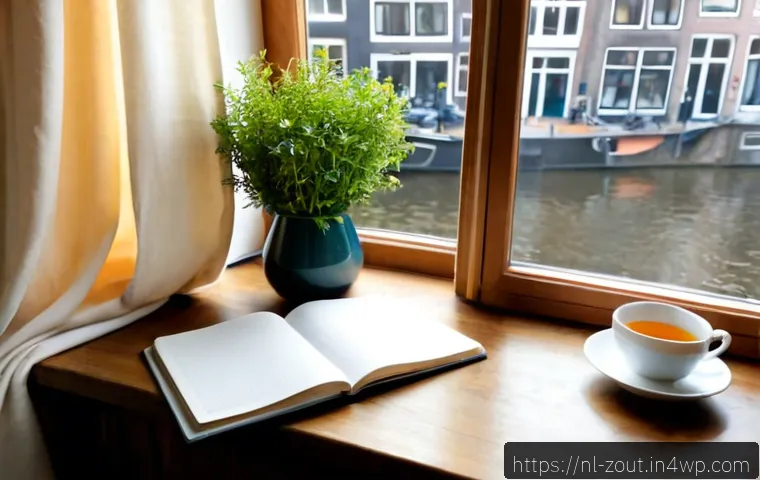 Home 17 정신적 회복을 위한 저널링 방법 - Photorealistic morning journaling scene in a cozy Dutch apartment, an adult sitting at a sunlit wood...