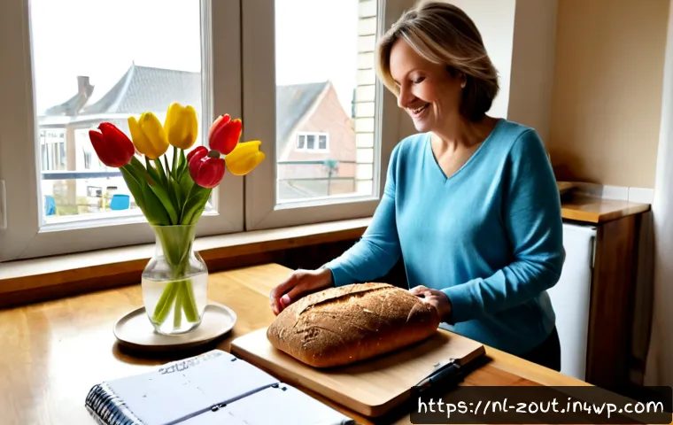 Home 13 일상 속에서 긍정적 습관 만들기 - Photorealistic morning routine in a bright Dutch apartment kitchen, cheerful middle-aged woman placi...